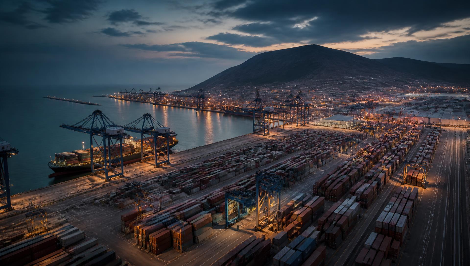 Port industriel à conteneurs au crépuscule : portiques, navire et parc à conteneurs